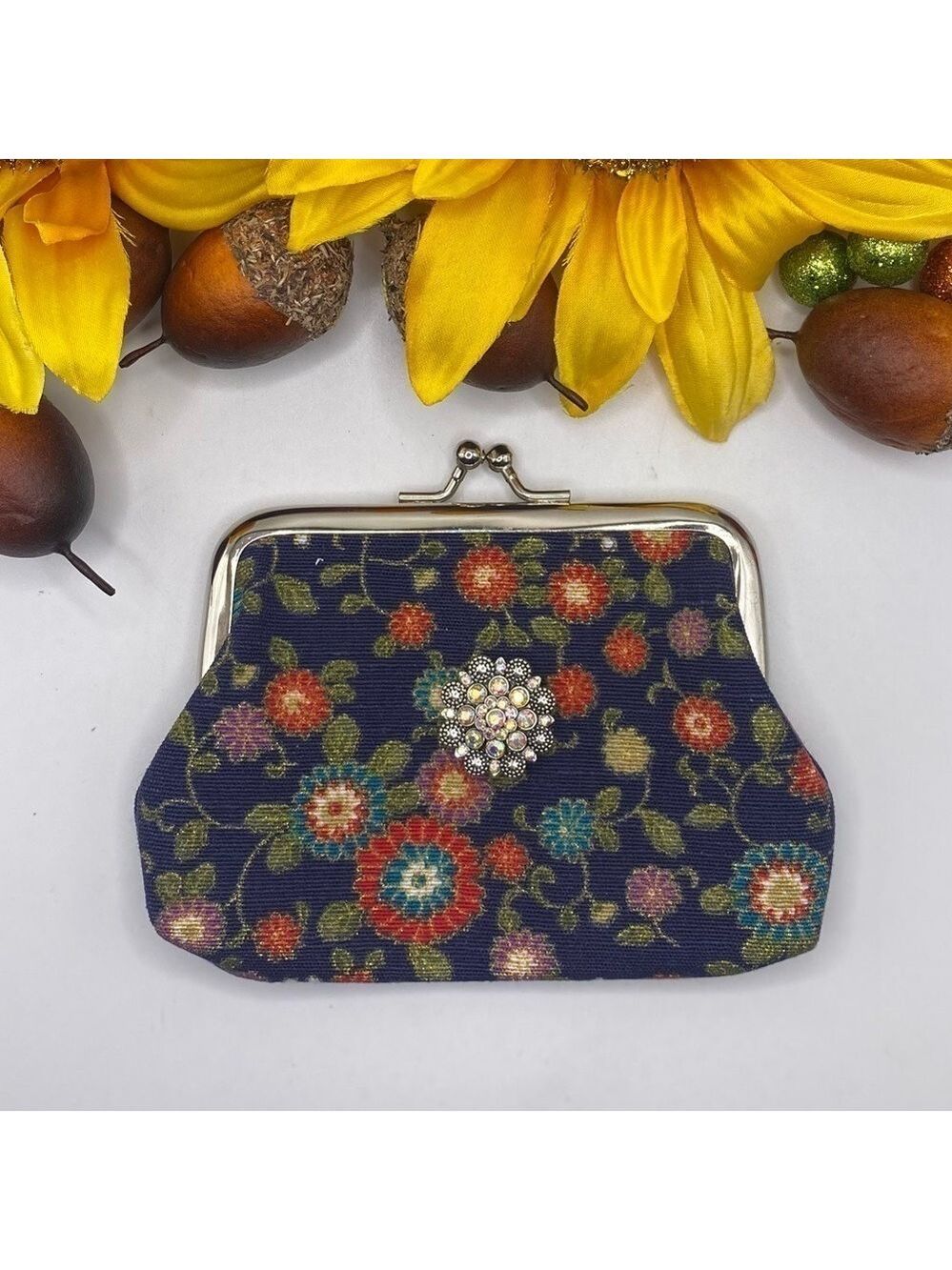 Dark Blue Snap Jewelry Change Purse.  Red flowers & Iridescent snap!